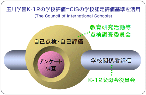 玉川学園K-12の学校評価=CISの学校認定評価基準を活用(The Council of International Schools)アンケート調査を行い教育活動等点検評価委員会を組織し自己点検・自己評価を行う。K-12父母会役員会の組織が学校関係者評価を行う。