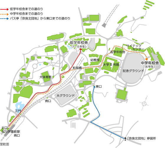 玉川学園前駅の北口を出て、線路を右手にまっすぐ歩くと玉川学園正門に到着します。小学1年~4年生が通う低学年校舎までは、正門からキャンパスに入り大体育館を左手に歩き、健康院の先にあるY字路を右に進みそのまま直進すると到着します。5、6年生が通う中学年校舎は、健康院の先にあるY字路を右に進んですぐ右手にある松陰橋を渡って直進します。すると大学8号館のT字路に差し掛かりますのでそこを左折すると大学8号館の奥に高学年校舎が見えます。高学年校舎沿いにある道を右手に進み、サイテックセンターを抜けた先に中学年校舎はあります。講堂までお越しの方は、健康院の先のY字路を左に進んでいただき、まもなくすると左手の方に講堂が見えます。「奈良北団地」停留所からお越しの方は、学園の方向へまっすぐ進み大きく3つに分かれている道の右の方へ進みます。そのまま道なりに進むとキャンパスの東口に着きます。