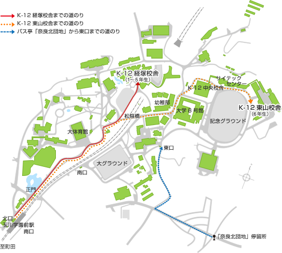 玉川学園前駅の北口を出て、線路を右手にまっすぐ歩くと玉川学園正門に到着します。小学1年~4年生が通う低学年校舎までは、正門からキャンパスに入り大体育館を左手に歩き、健康院の先にあるY字路を右に進みそのまま直進すると到着します。5、6年生が通う中学年校舎は、健康院の先にあるY字路を右に進んですぐ右手にある松陰橋を渡って直進します。すると大学8号館のT字路に差し掛かりますのでそこを左折すると大学8号館の奥に高学年校舎が見えます。高学年校舎沿いにある道を右手に進み、サイテックセンターを抜けた先に中学年校舎はあります。講堂までお越しの方は、健康院の先のY字路を左に進んでいただき、まもなくすると左手の方に講堂が見えます。「奈良北団地」停留所からお越しの方は、学園の方向へまっすぐ進み大きく3つに分かれている道の右の方へ進みます。そのまま道なりに進むとキャンパスの東口に着きます。