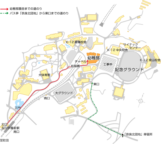 玉川学園前駅の北口を出て、線路を右手にまっすぐ歩くと玉川学園正門に到着します。幼稚部園舎までは、正門からキャンパスに入り大体育館を左手に健康院のそばを通り、松陰橋を渡ります。左手にあるチャペルを通り過ぎたところで幼稚部園舎があります。記念グランドまでは同じように幼稚部園舎まで進み、右手にある大学8号館の三つに分かれた道の右手の方へ進みます。8号館を通り過ぎたところで再度右に曲がると、記念グランドに出ます。「奈良北団地」停留所からお越しの方は、学園の方向へまっすぐ進み大きく3つに分かれている道の右の方へ進みます。そのまま道なりに進むとキャンパスの東口に着きます。