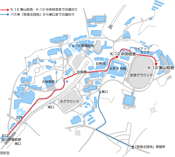 玉川学園前駅の北口を出て、線路を右手にまっすぐ歩くと玉川学園正門に到着します。中学年・高学年の校舎までは、正門からキャンパスに入り大体育館を左手に歩き、健康院の先にあるY字路を右に進み、少し歩くと右手に見える松陰橋を渡りまっすぐ進みます。すると大学8号館のT字路に差し掛かりますのでそこを左折すると大学8号館の奥に高学年校舎があります。高学年校舎の奥の道を右手に進みサイテックセンターを抜けた先に中学年校舎はあります。「奈良北団地」停留所からお越しの方は、学園の方向へまっすぐ進み大きく3つに分かれている道の右の方へ進みます。そのまま道なりに進むとキャンパスの東口に着きます。