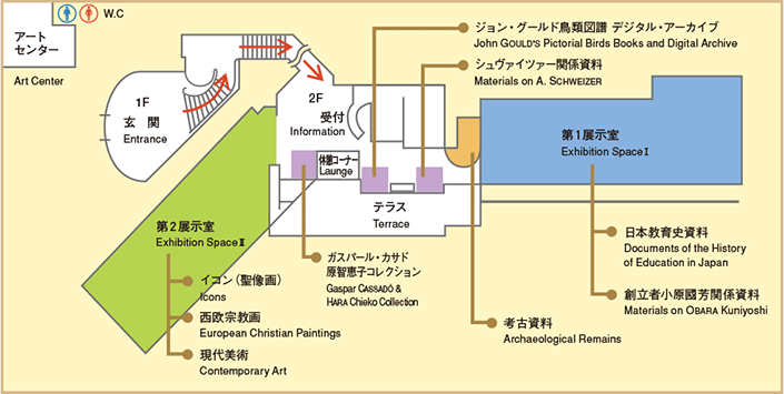 館内のご案内：教育博物館のエントランスホールにはジョン・グールド鳥類図譜デジタルライブラリー、シュヴァイツァー資料、考古資料が展示されています。エントランスホールを左に進むと第一展示室があり、日本教育史資料、創立者小原國芳資料が展示されています。エントランスホールを右に進むと第二展示室があり、イコン（聖像画）、イタリア絵画、現代美術が展示されています。また、玉川学園史資料は小原記念館に展示されています。