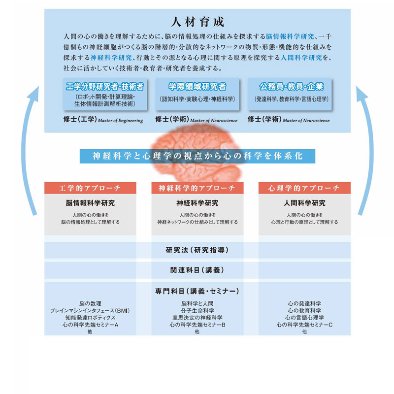人材育成:人間の心の働きを理解するために、脳の情報処理の仕組みを探求する脳情報科学研究【修士(工学)】、一千億個もの神経細胞がつくる脳の階層的・分散的なネットワークの物質・形態・機能的な仕組みを探求する神経科学研究【修士(学術)】、行動とその源となる心理に関する原理を探究する人間科学研究【修士(学術)】を、社会に活かしていく技術者・教育者・研究者を養成する。