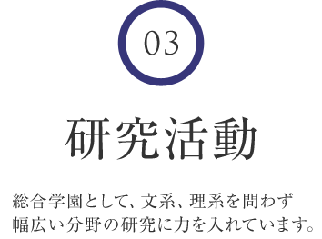 3 研究活動 総合学園として、文系、理系を問わず幅広い分野の研究に力を入れています。