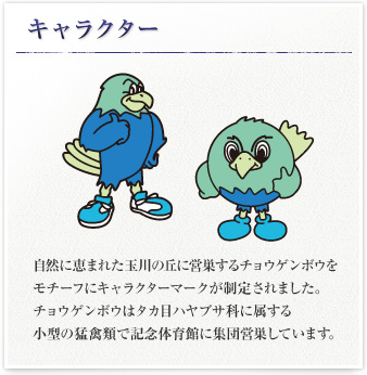 キャラクター 自然に恵まれた玉川の丘に営巣するチョウゲンボウをモチーフにキャラクターマークが制定されました。チョウゲンボウはタカ目ハヤブサ科に属する小型の猛禽類で記念体育館に集団営巣しています。