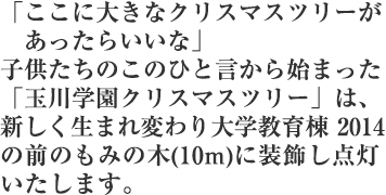 「ここに大きなクリスマスツリーがあったらいいな」子供たちのこのひと言から始まった「玉川学園クリスマスツリー」は、新しく生まれ変わり大学教育棟 2014の前のもみの木（10m）に装飾し点灯いたします。