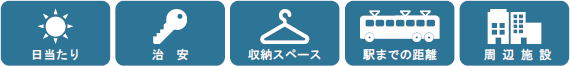 日当たり、治安、収納スペース、駅までの距離、周辺施設