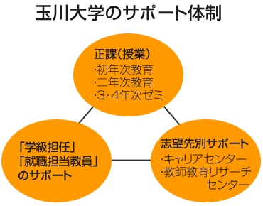 玉川大学のサポート体制 正課（授業）：初年次教育、二年次教育、3・4年次ゼミ 志望先別サポート：キャリアセンター、教師教育リサーチセンター 「学級担任」「就職担当教員」のサポート