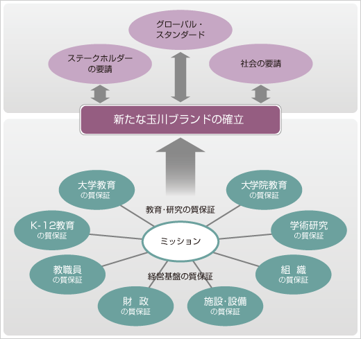 大学院教育の質保証、大学教育の質保証、学術研究の質保証、K-12教育の質保証、組織の質保証、教職員の質保証、施設・設備の質保証、財政の質保証で教育・研究・経営基盤の質保証をミッションとして新たな玉川ブランドを確立し、ステークホルダーの要請、グローバル・スタンダード、社会の要請に応える教育を推進する。